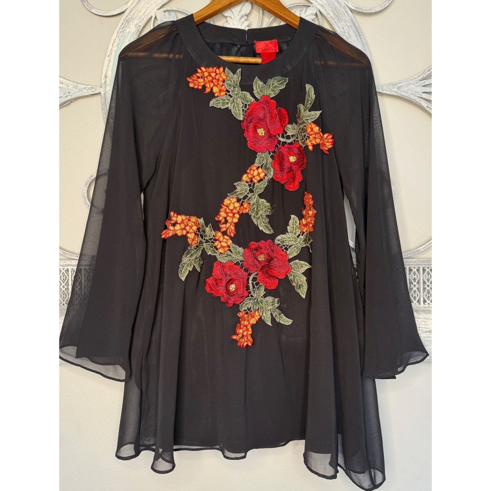 V Cristina Black‎ Chiffon Floral Embroidered Bell Sleeve Tunic Top Womens Medium